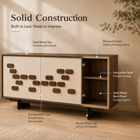 Buffet de salon moderne en bois massif écologique avec portes décoratives incrustées, 4 tiroirs et 4 compartiments