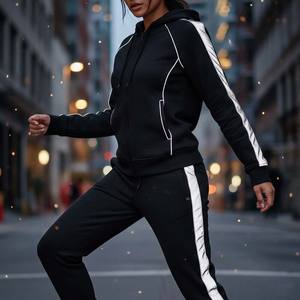Ensemble de survêtement en velours noir pour femme, sweat-shirt en coton lourd, pantalon de jogging, streetwear au-dessus du genou, coupe ajustée - Product Image 3