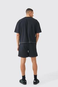 Conjunto de camiseta y pantalón corto con estampado de puntadas en contraste boxy de gran tamaño para hombre, conjunto de camisetas de manga corta de verano y pantalones cortos a juego - Product Image 2