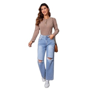 Jeans de Mezclilla Modernos para Mujer, Color Azul Hielo, Tendencia, Cintura Alta, Corte Recto, Ligeros, Ecológicos, Transpirables, Estilo Urbano, Vintage, Tallas 26-40 - Product Image 1