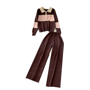 ชุดเซ็ตวินเทจ 2 ชิ้นสำหรับผู้หญิง เสื้อและกางเกงเอวสูงถักนิตติ้ง ขายส่ง - Product Image 5