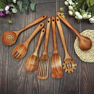 WOQI Logotipo personalizado Utensilios de cocina de mango plano Cuchara de servir de madera natural para bodas Revolver Mezcla Cocina - Product Image 1