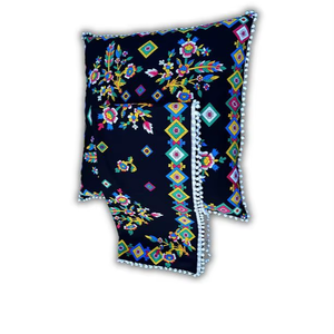 Funda de cojín de suelo de lino de doble cara tradicional 80x80 cm con pompones y cremallera oculta negra - Product Image 1