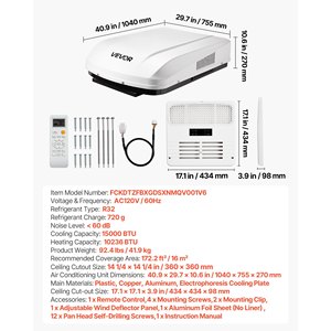 เครื่องปรับอากาศ VEVOR 15000 BTU สำหรับรถบ้าน 120V แบบติดตั้งบนหลังคา พร้อมปั๊มความร้อนและระบบทำความเย็นปรับความเร็วได้ - Product Image 1