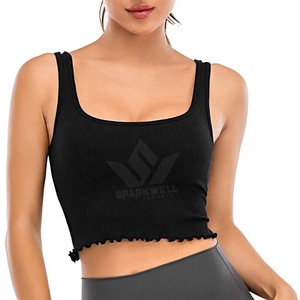 Débardeur court côtelé noir pour femme, col rond, bretelles spaghetti, respirant, coupe ajustée, couleur unie, décontracté - Product Image 4