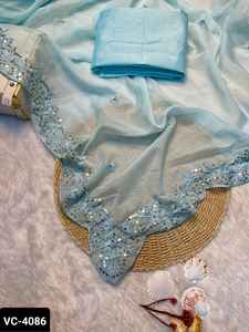 Indian Modern Style Soft Tabby Organza <b>Sequins</b> Embroidered Work with Embroidered Arco cut Border Sari with Satin Banglory Blouse - Product Image 3