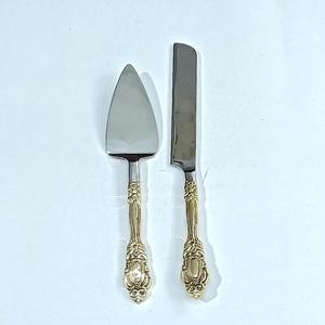 <b>Wedding</b> <b>Cake</b> Server Set Stainless Steel <b>Cake</b> <b>Cutter</b> Gold with Brass Bamboo Design Handle - Product Image 5