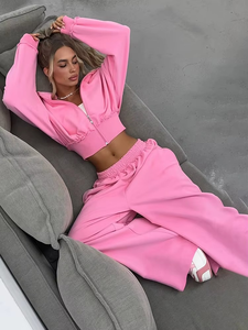 Ensemble 2 pièces pour femme, survêtement décontracté, fermeture éclair, respirant, tricot, veste courte à capuche + pantalon droit assorti, streetwear - Product Image 5