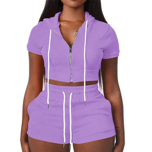 Women Purple Two Piece Set <b>Zip</b> Up Hoodie Crop Top <b>with</b> Drawstring <b>Shorts</b> - Product Image 1