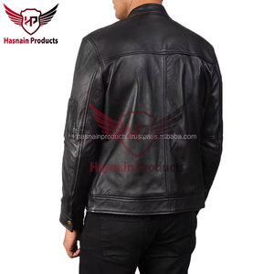 Veste en cuir véritable noir pour homme, fermeture à boutons-pression, poche zippée sur le bras, style Cafe Racer en peau de mouton, vêtement d'extérieur hivernal minimaliste personnalisé - Product Image 5