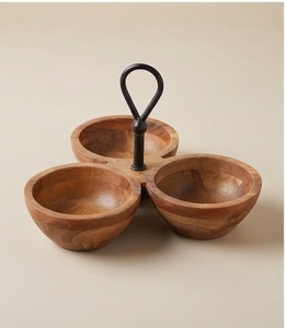 Mango Wood Serving Dish Three Compartments Round Handmade Minimalist Design With <b>Black</b> Metal Handle - Product Image 4