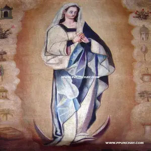 Art Oil Religious Painting "Immaculate Conception" 19x15" Ppunchay Peru 50 x 40 cms.