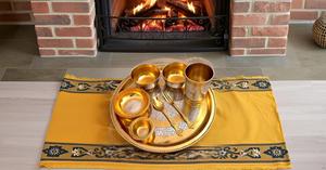 <b>8</b>-Piece Beautifully Handcrafted Traditional <b>Dinnerware</b> <b>Set</b> Brass Thali Plate Bowls Fork with Durable Glass Spoon Tableware Gift - Product Image 6