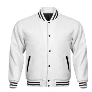 Hommes et femmes Varsity Baseball College Lettermen Retro Bomber Classic Solid White cuir et veste en laine avec noir - Product Image 5