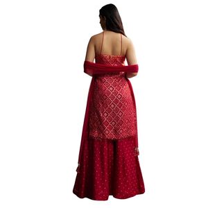 Vente de gros Costume Palazzo en soie ombré orange et rouge avec imprimé Bandhani Vêtements ethniques pour femmes Usine de vêtements OEM Fournisseur en gros - Product Image 5