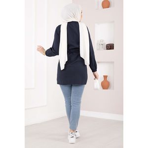 Camisa de Mujer Azul Marino con Detalle Acanalado y Cordones, Corte Holgado, Larga, de Algodón y Lino, Tejido de Punto, Estampado de Moda, Otoño-Primavera, con Botones y Logotipo - Product Image 4