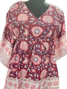 Caftán marrón con estampado de bloques a mano para mujer, diseño de hojas florales, ropa de descanso de algodón india tradicional elegante, vestidos informales - Product Image 5