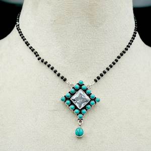 Collar turquesa de Plata de Ley 925 con cuentas negras, collar de regalo con cuentas finas de estilo Mangalsutra indio tradicional - Product Image 4