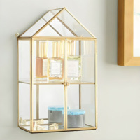 Mini armoire murale moderne de luxe à double niveau avec cadre métallique et vitrine en verre, boîte à bijoux, organisateur de parfums et de maquillage, décoratif or/rose