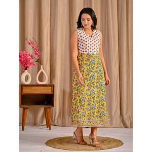 Robe jaune sans manches en coton imprimé Jaal, vêtements indiens et pakistanais - Product Image 6