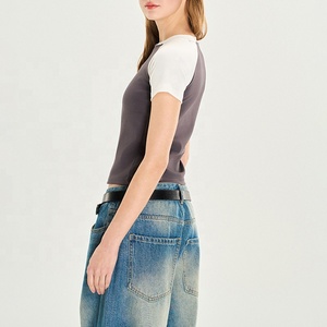 Summer New American Style Slim <b>Raglan</b> Sleeve Crop <b>Top</b> Fit Cropped T-Shirt Solid Ribbed Crew Neck Tee for Women Street Style - Product Image 4