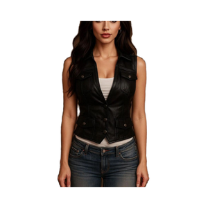 Chaleco de cuero negro ajustado para mujer de alta calidad logotipo personalizado fabricación profesional cuello levantado estilo informal - Product Image 2