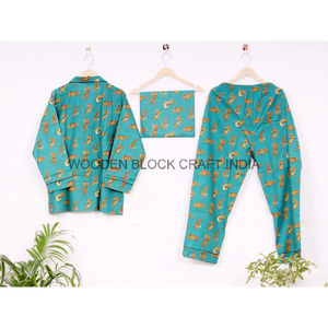 Conjunto de Pijama de Satén 100% Algodón Hecho a Mano en India para Mujer, Estampado Floral, Mangas Largas, Cintura Alta, Transpirable y Suave - Product Image 5