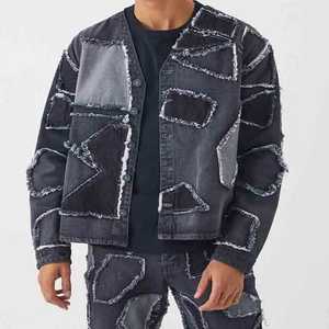 2024 Custom Logo Distressed Patchwork Baseball <b>Shirt</b> and <b>Jeans</b> Set <b>for</b> <b>Men</b> - Product Image 1