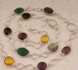 Multi Gemstone Solid 925 Sterling Silver Fancy Stone Necklace Pendant for Women Handmade Boho Designer Gift Idea for Her - Product Image 1