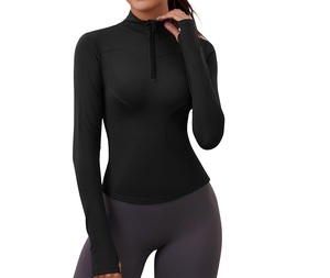 Top de entrenamiento con cremallera para mujer, camiseta de gimnasio personalizada OEM, manga larga, tela transpirable de secado rápido, proveedor de ropa deportiva al por mayor - Product Image 1