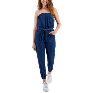 Tuta in Denim Blu Taglia Media per Ragazze, Stile Senza Spalline con Arricciature, Tuta Intera Stile Bambola per Donne - Product Image 1