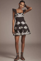 Robe Courte Noire à Manches Bouffantes pour Femme avec Broderie Florale Blanche en Coton, Style Doux, Fentes Naturelles, Broderie Machine