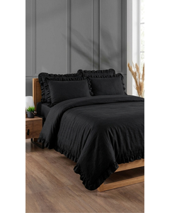 Parure de lit double moderne noire en polycoton avec taie d'oreiller, housse de couette, drap-housse et couvre-lit à volants pour la maison et l'hôtellerie - Product Image 3