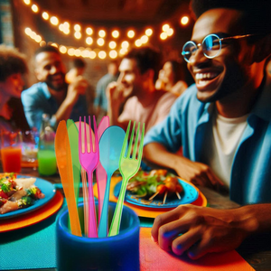 Paquete Combinado de Cubiertos Desechables de Plástico Biodegradable, Ecológico, Libre de BPA y Apto para Alimentos, con Diseños Brillantes de Neón para Fiestas - Product Image 3
