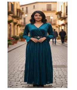 Robe élégante pour femmes en velours uni, coupe trapèze, avec ceinture assortie, taille naturelle, tissu à manches longues, tenue de soirée, douce, pour l'automne et l'hiver - Product Image 1