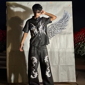 กางเกงยีนส์ทรงหลวมแบบมีระบายอากาศ ปักลายคุณภาพสูง ทรงขากว้าง ผ้าเดนิม สไตล์วินเทจ เอวแบบทอ - Product Image 4