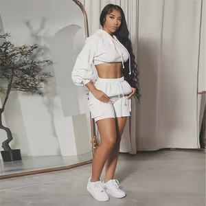 Autumn Women's Casual Hooded Sweatshirt and Drawstring <b>Shorts</b> 2-Piece Sets Loose Solid <b>Fleece</b> Eco-Friendly Jogging Sets - Product Image 2