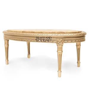 Mesa de Centro Ovalada de Lujo con Tapa de Mármol Beige Natural y Marco de Madera Tallado a Mano en Oro Antiguo para Sala de Estar Clásica - Product Image 4