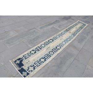 Alfombra Turca de 1.7x11.6 pies, Alfombra Vintage, Alfombra Azul Ombré de Lana - Product Image 3