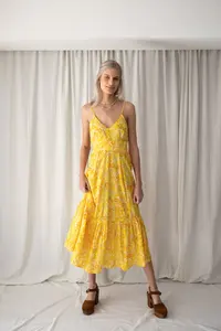 Recién llegado amarillo 100% algodón estampado Midi longitud Maxi vestido sin mangas playa vestido bohemio para mujer - Product Image 6