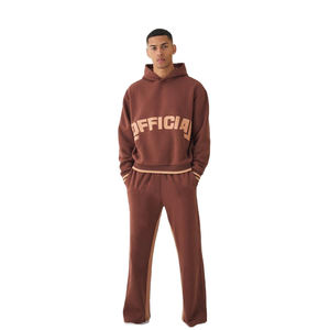 Chándal apilado 100% algodón Puff estampado Logo Drop Shoulder Pantalón Acampanado y pulóver Conjunto de Sudadera con capucha recortada para hombres - Product Image 1