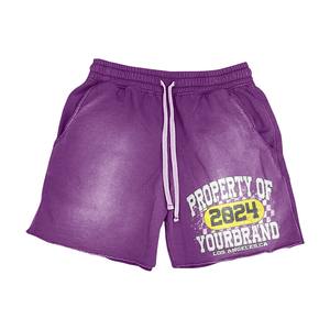 À la mode élégant personnalisé solide couleur unie sérigraphié Design violet couleur deux pièces ensembles à capuche et shorts ensembles pour hommes - Product Image 6