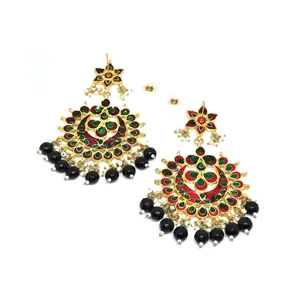 Boucles d'oreilles pendantes Chandbali noires en or plaqué Meenakari pour femmes, bijoux de mode - Product Image 3