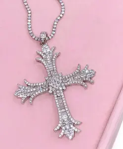 925 Sterling Silver 5.65Ct <b>Cross</b> Iced Out Vintage Style Rose Gold Plated Round Brilliant Cut Moissanite Women's Pendant Necklace - Product Image 1