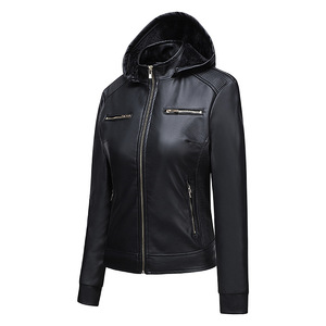 Chaquetas de cuero Pu con bolsillos personalizados para motocicleta a prueba de viento de alta calidad, chaqueta con cremallera para mujer, chaquetas de cuero con capucha para mujer - Product Image 4