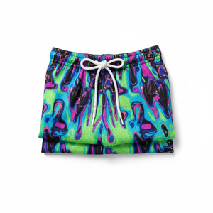 Shorts en maille pour hommes, séchage rapide, OEM, imprimé abstrait vibrant, design liquide néon, shorts de plage d'été - Product Image 6