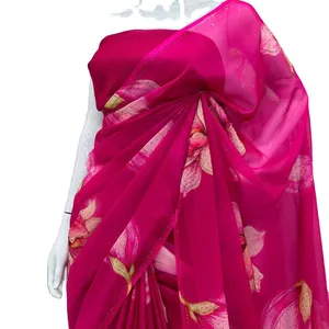 인도 패션 밝은 색상의 부드러운 Organza 실크 사리 올 시즌 파티 착용 사리 꽃 프린트