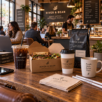 AT PACK Fournitures personnalisées pour cafés avec des sachets de café de 250 g, des gobelets en papier de 8 oz et 12 oz, des gobelets en PET de 16 oz et des emballages alimentaires