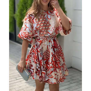Robe courte plissée à manches ballon et col rond pour femme, 36172 - à motifs - Product Image 6