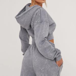 Manufacturer <b>Applique</b> Sweatsuit Acid Wash Cropped Hoodie and Sweatpants Set Tracksuit for Women - Product Image 2